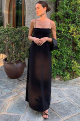 Minimalist Pocket Trim A Line Cotton Blend Summer Cami Maxi Sundress - Black