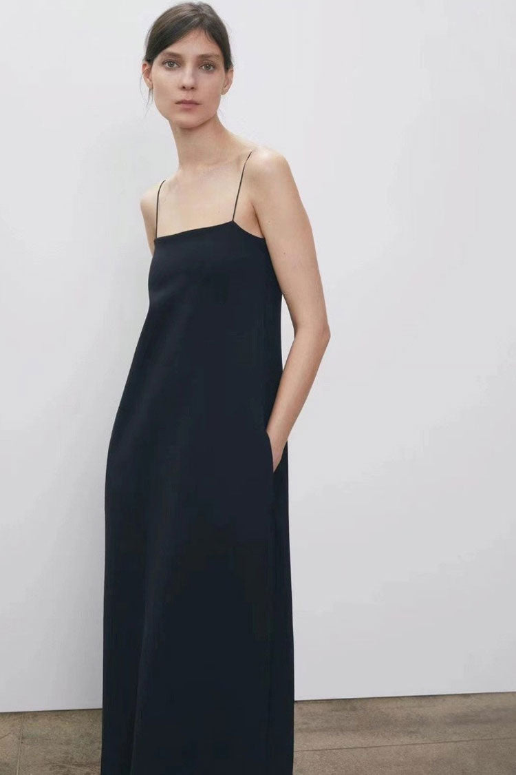 Minimalist Pocket Trim A Line Cotton Blend Summer Cami Maxi Sundress - Black