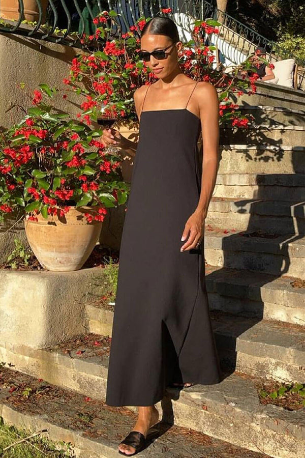 Minimalist Pocket Trim A Line Cotton Blend Summer Cami Maxi Sundress - Black