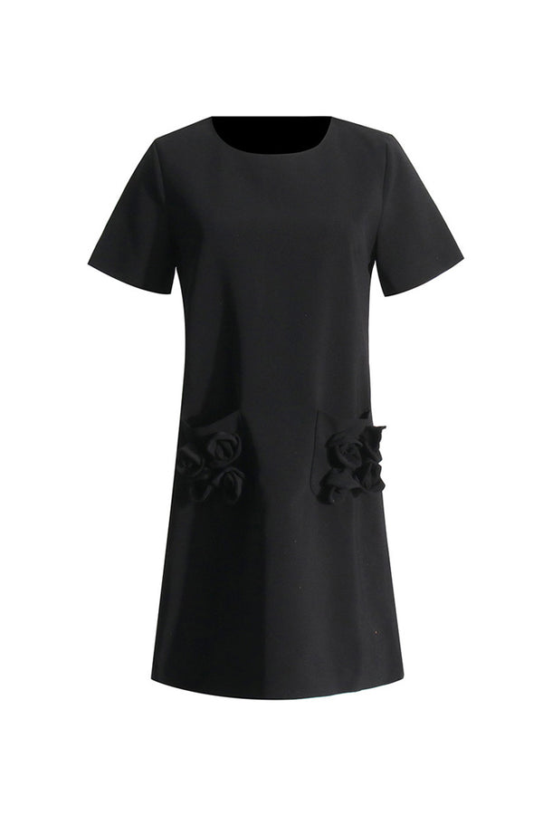 Minimalist Rosette Trim Round Neck Short Sleeve Crepe Party Mini Dress