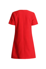 Minimalist Rosette Trim Round Neck Short Sleeve Crepe Party Mini Dress