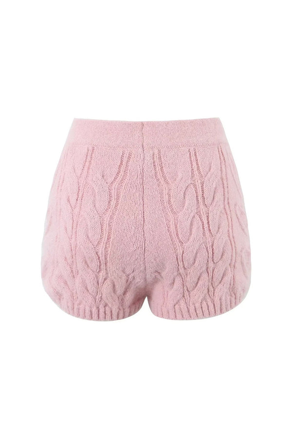 Minimalist Solid Color High Waist Ribbed Trim Cable Knit Shorts