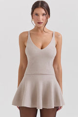 Monochromatic Deep V Neck Suspender Strap Cropped Ribbed Knit Tank Top