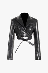 Moto Lapel Strong Shoulder Long Sleeve Wrap Faux Leather Biker Jacket