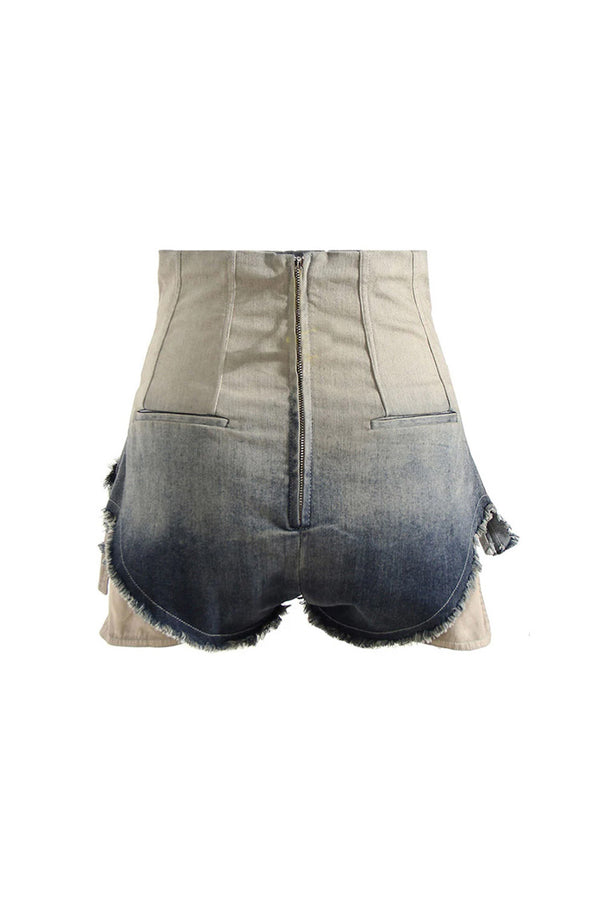 Ombre Corset High Waist Exposed Pocket Distressed Denim Mini Shorts