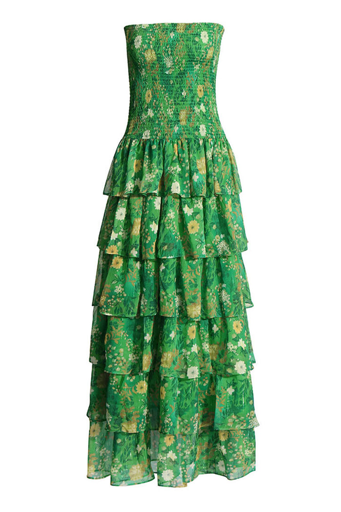 Opulent Smocked Tube Lurex Chiffon Floral Tiered Beach