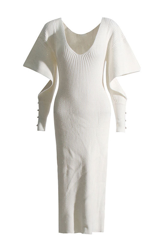 Oversized Cutout Buttoned Long Sleeve V Neck Rib Knit Sweater Mini Dress - Beige