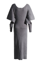 Oversized Cutout Buttoned Long Sleeve V Neck Rib Knit Sweater Mini Dress - Dark Gray
