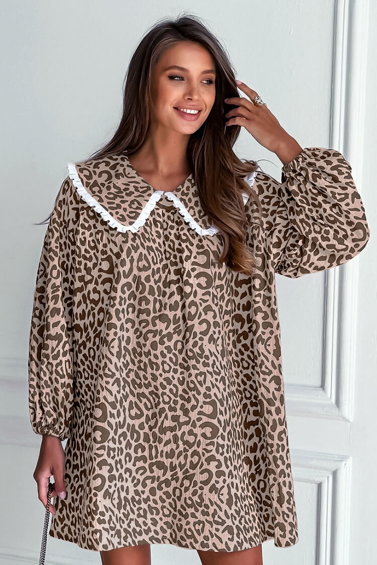 Oversized Peter Pan Collar Long Sleeve Leopard Print Babydoll Mini Dress