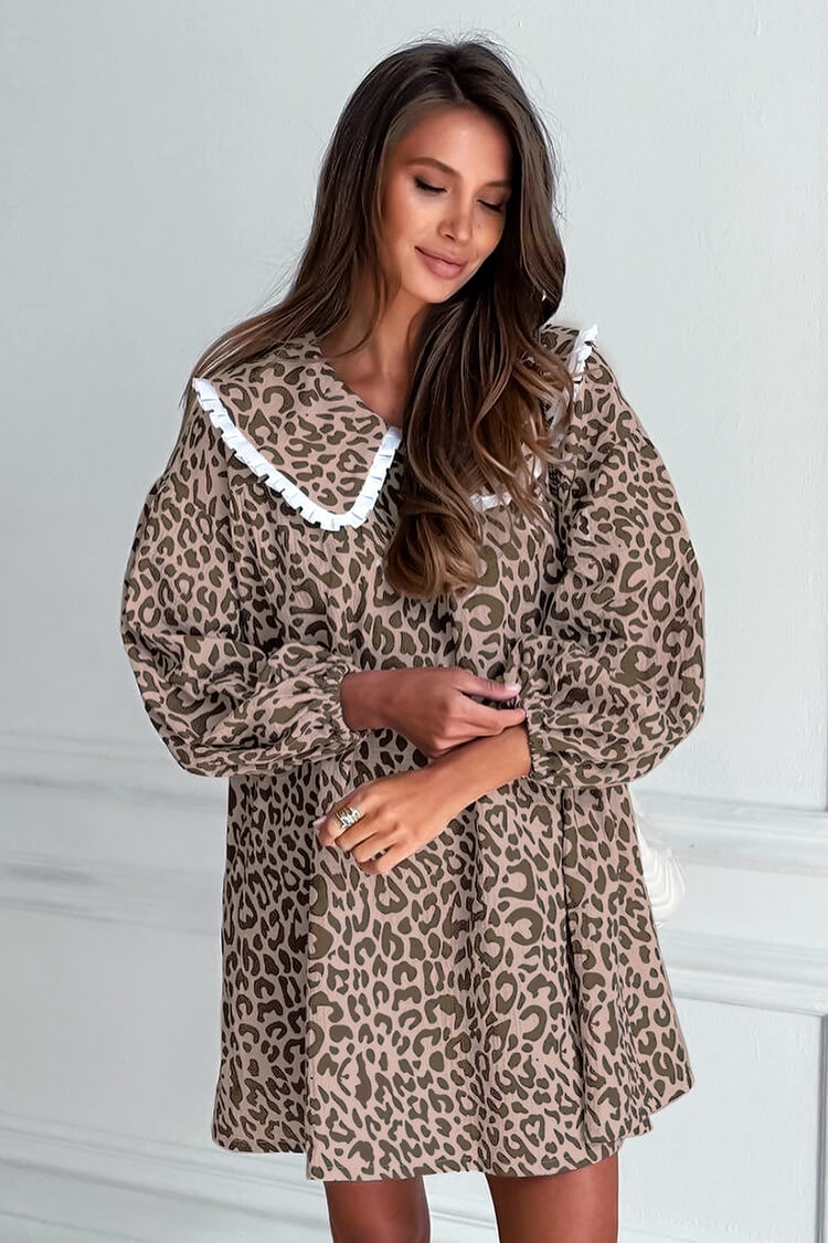 Oversized Peter Pan Collar Long Sleeve Leopard Print Babydoll Mini Dress