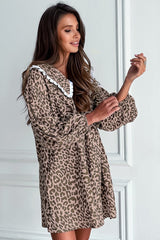 Oversized Peter Pan Collar Long Sleeve Leopard Print Babydoll Mini Dress