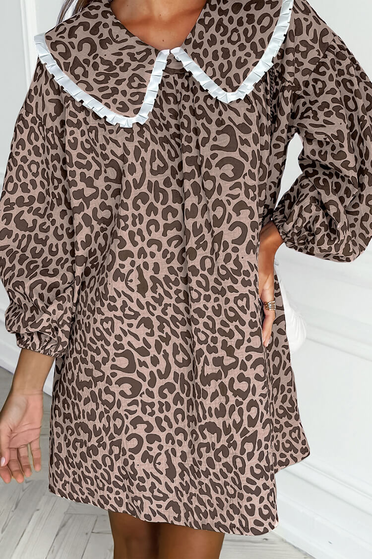 Oversized Peter Pan Collar Long Sleeve Leopard Print Babydoll Mini Dress