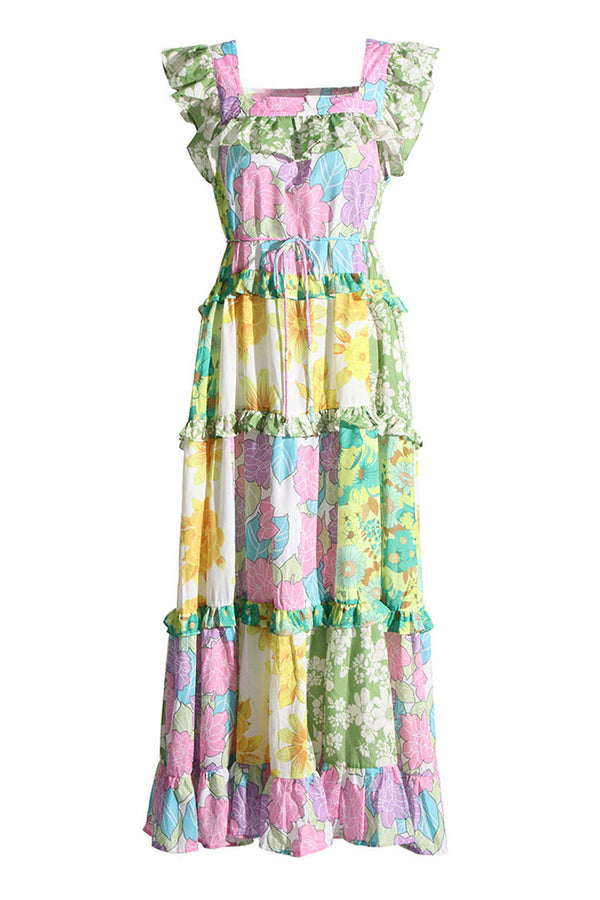 Pastoral Square Neck Tiered Floral Patchwork Printed Summer Midi Sundress