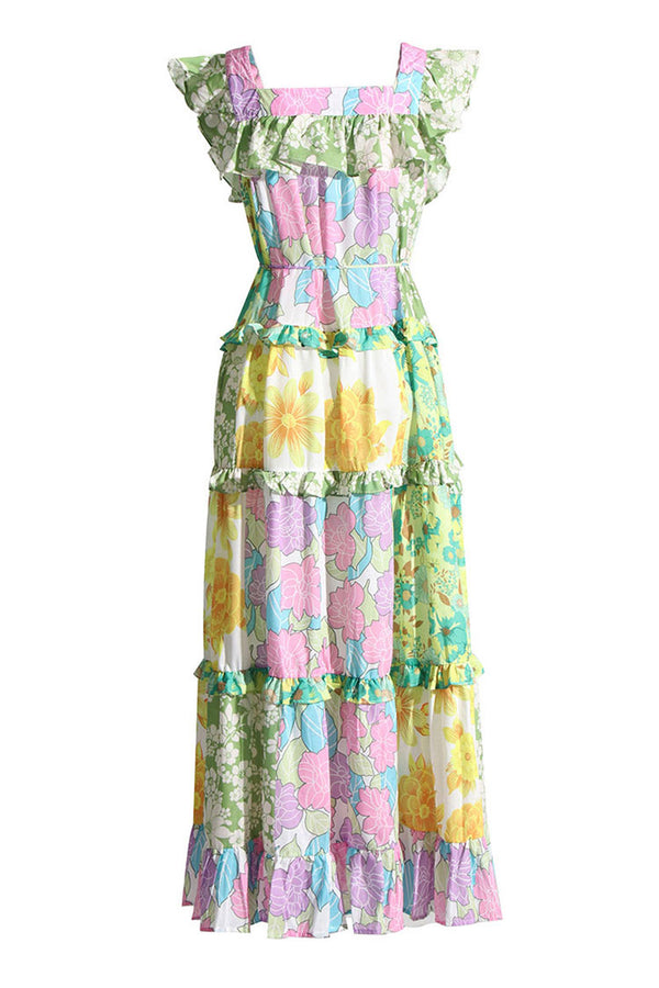 Pastoral Square Neck Tiered Floral Patchwork Printed Summer Midi Sundress