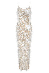 Pearlized Sweetheart Sequined Mesh Feather Side Split Slip Evening Maxi Dress - White