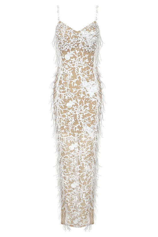 Pearlized Sweetheart Sequined Mesh Feather Side Split Slip Evening Maxi Dress - White