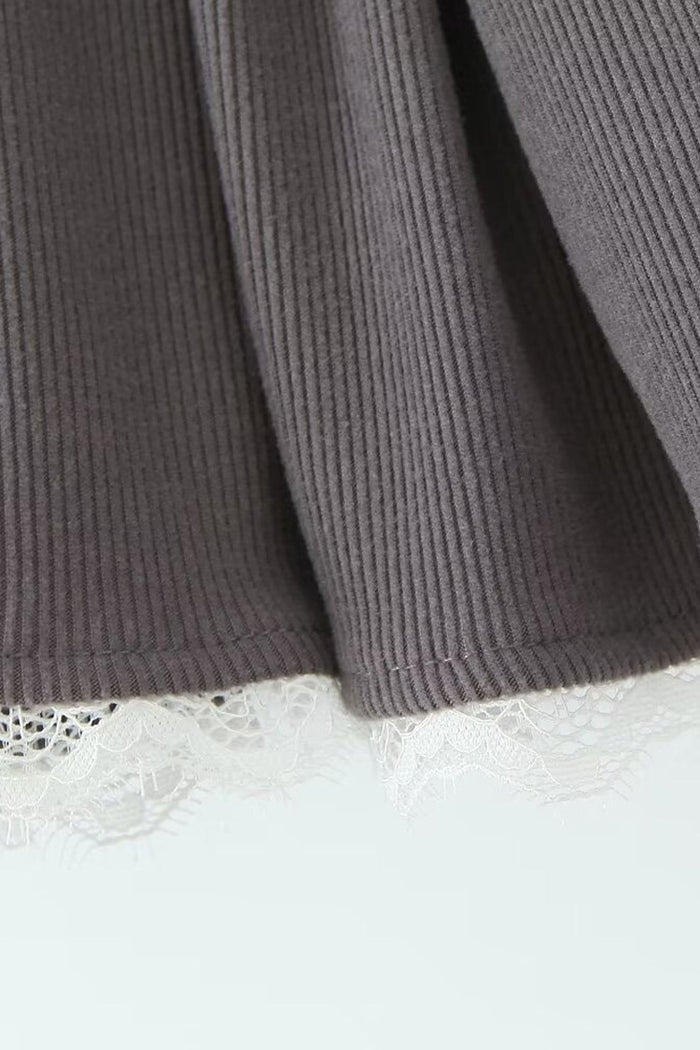 Preppy Bow Detail High Waist Scalloped Lace Ribbed Pleated