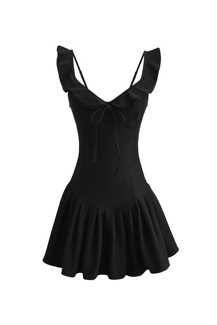 Preppy Bow Tie Ruffle Sleeveless Smocked Drop Waist Pleated