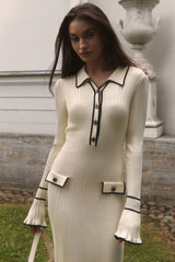 Preppy Chic Contrast Collar Button Up Long Sleeve Ribbed Knit Sweater Midi Dress - Beige