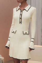 Preppy Chic Contrast Collar Button Up Long Sleeve Ribbed Knit Sweater Mini Dress - Beige