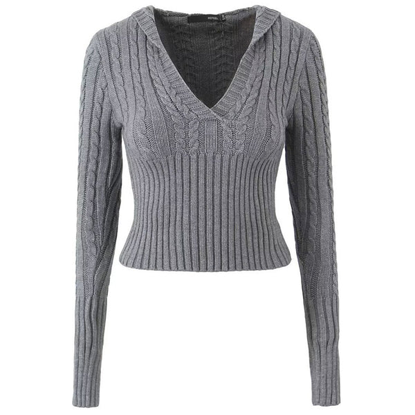 【2plan】Croa Cable V-Neck Crop Knit preppy-style-hooded-v-neck-