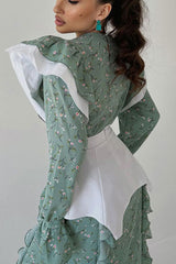 Pretty Crew Neck Ruffle Long Sleeve Belted Floral Printed Midi Dress - Green