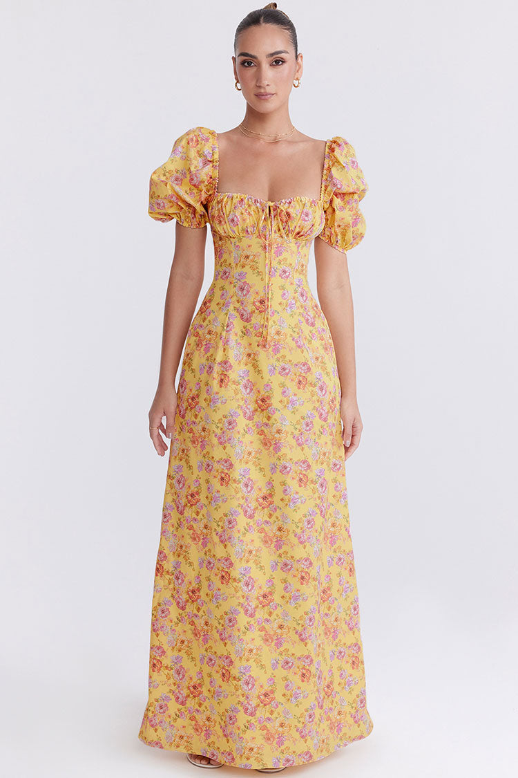 Pretty Tie Neck Puff Sleeve Floral Print Puff Sleeve Summer Maxi Sundress - Yellow