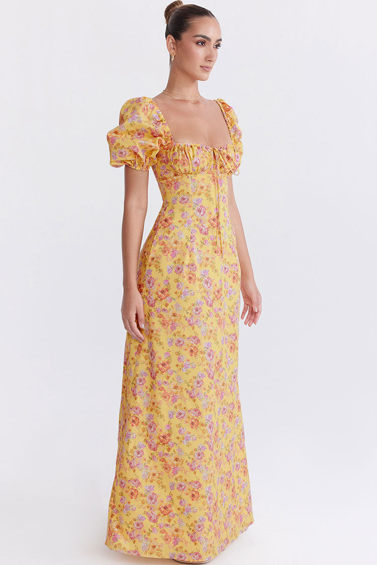 Pretty Tie Neck Puff Sleeve Floral Print Puff Sleeve Summer Maxi Sundress - Yellow