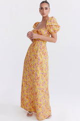 Pretty Tie Neck Puff Sleeve Floral Print Puff Sleeve Summer Maxi Sundress - Yellow