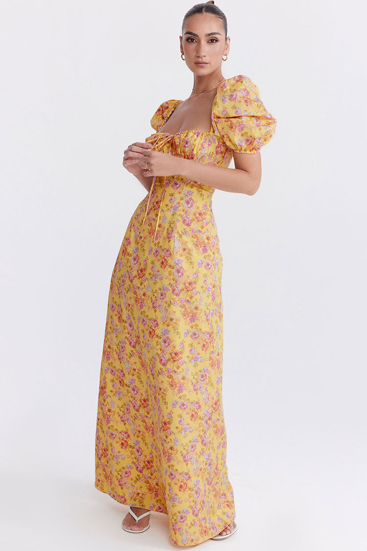 Pretty Tie Neck Puff Sleeve Floral Print Puff Sleeve Summer Maxi Sundress - Yellow