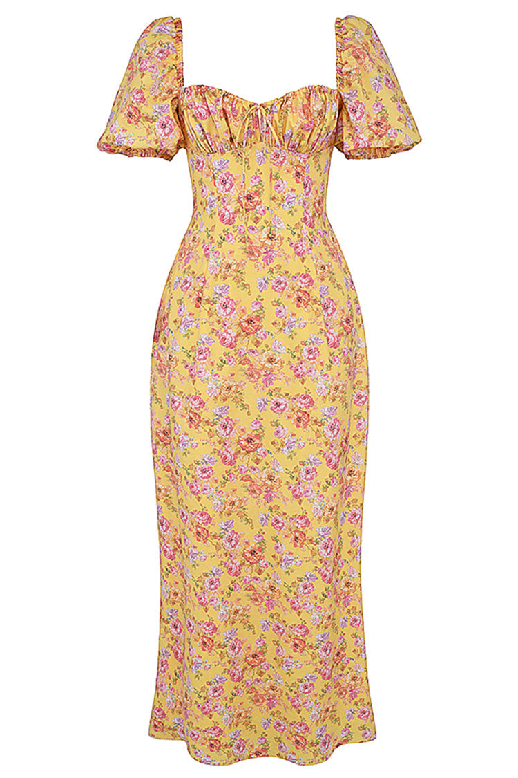 Pretty Tie Neck Puff Sleeve Floral Print Puff Sleeve Summer Maxi Sundress - Yellow