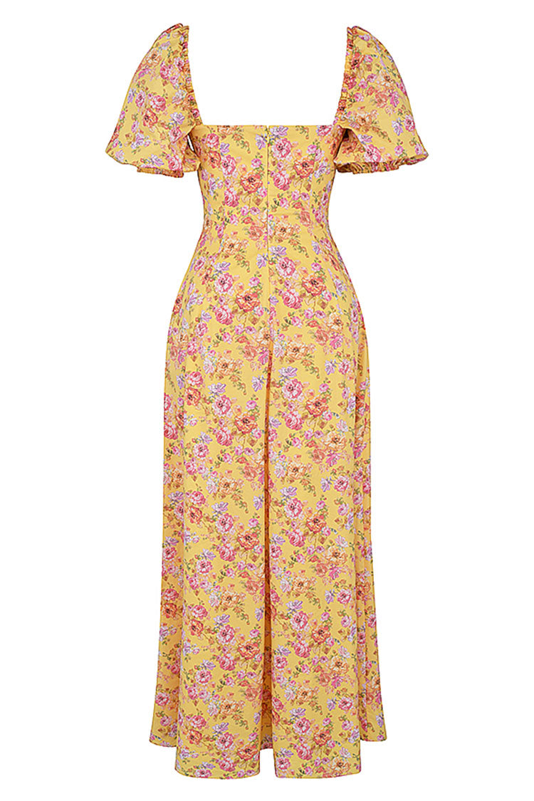 Pretty Tie Neck Puff Sleeve Floral Print Puff Sleeve Summer Maxi Sundress - Yellow