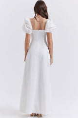 Pretty Tie Neck Puff Sleeve Solid White Puff Sleeve Summer Maxi Sundress - White