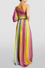Radiant Striped One Shoulder Puff Sleeve Ruched Split Prom Maxi Dress - Rainbow