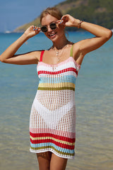 Rainbow Striped Open Knit Crochet Beach Vacation Mini Sundress - Multicolor