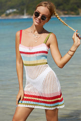 Rainbow Striped Open Knit Crochet Beach Vacation Mini Sundress - Multicolor