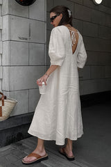 Ralaxed V Neck Button Up Puff Sleeve Linen Blend Midi Dress - Off White