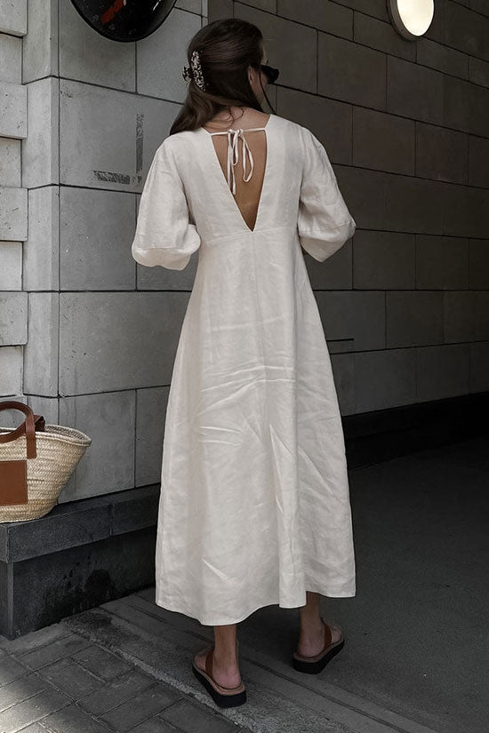 Ralaxed V Neck Button Up Puff Sleeve Linen Blend Midi Dress - Off White