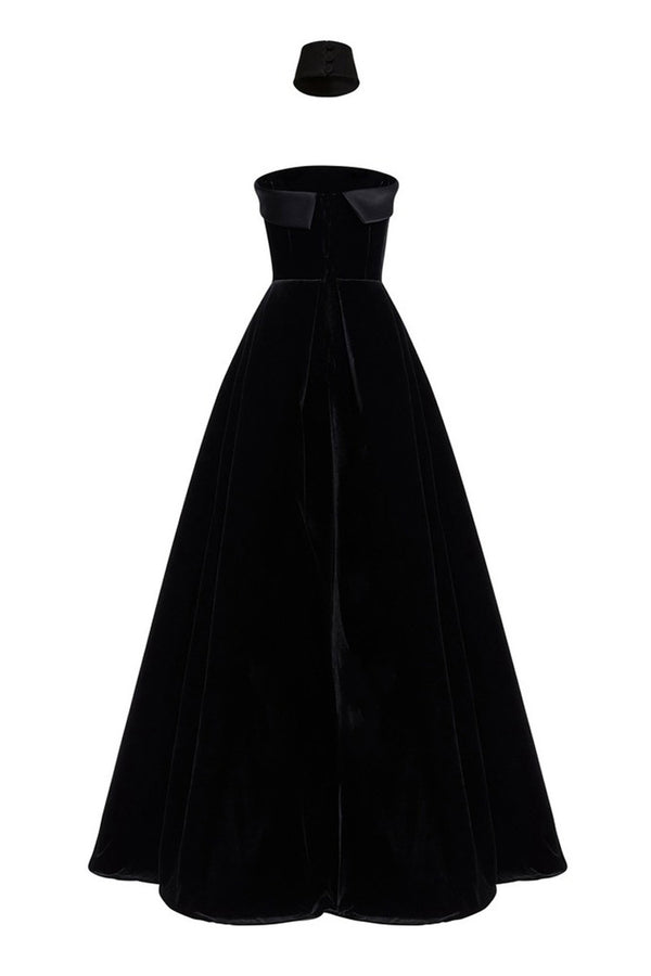 Regal Choker Fold Over Strapless Fit & Flare Velvet Evening Maxi Dress