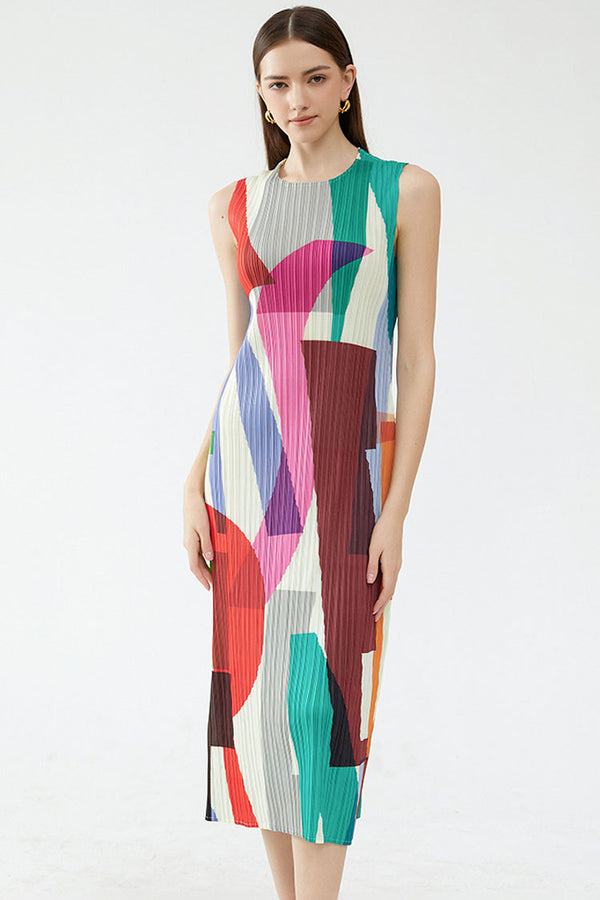 Relaxed Color Block Sheath Pleated Sleeveless Midi Dress - Multicolor
