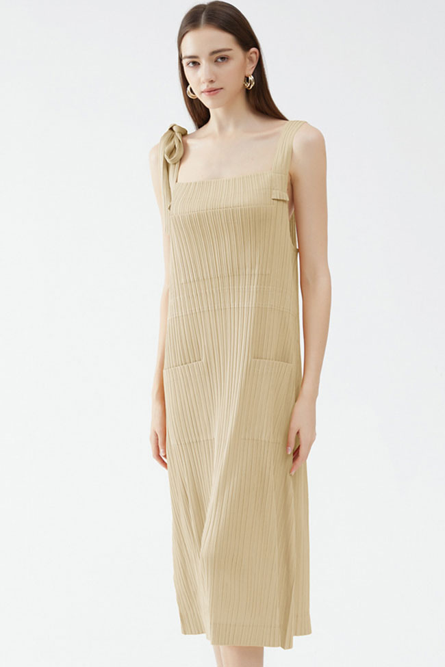 Relaxed Square Neck Tie Strap Pocketed A Line Pleated Midi Sundress - Apricot