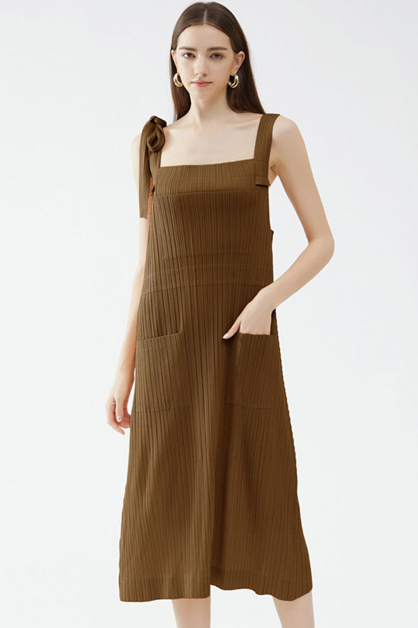 Relaxed Square Neck Tie Strap Pocketed A Line Pleated Midi Sundress - Coffee