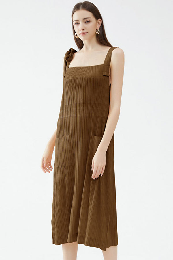 Relaxed Square Neck Tie Strap Pocketed A Line Pleated Midi Sundress - Coffee