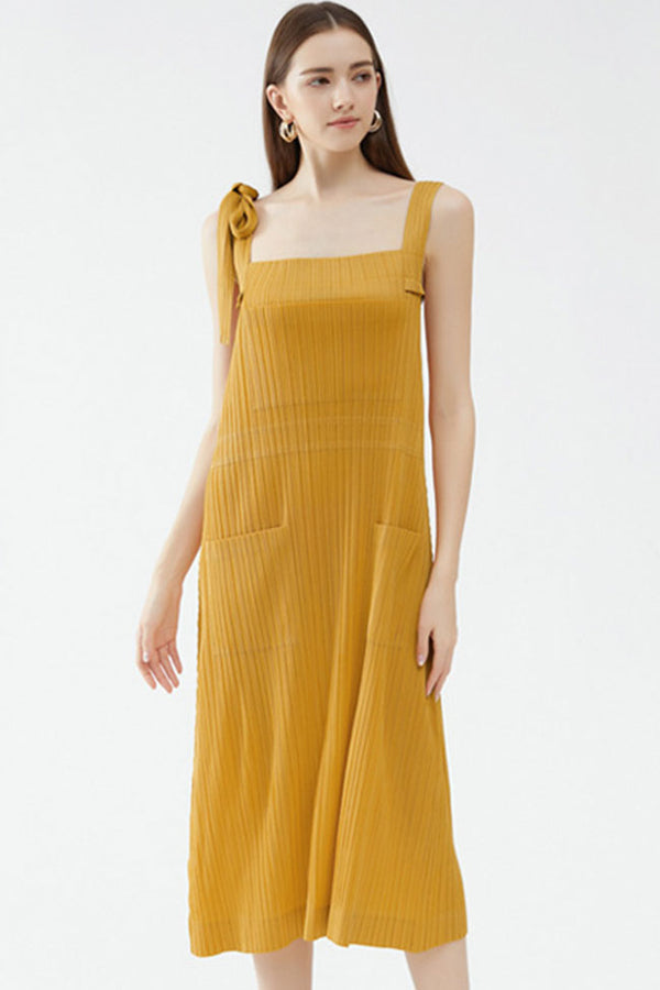 Relaxed Square Neck Tie Strap Pocketed A Line Pleated Midi Sundress - Yellow