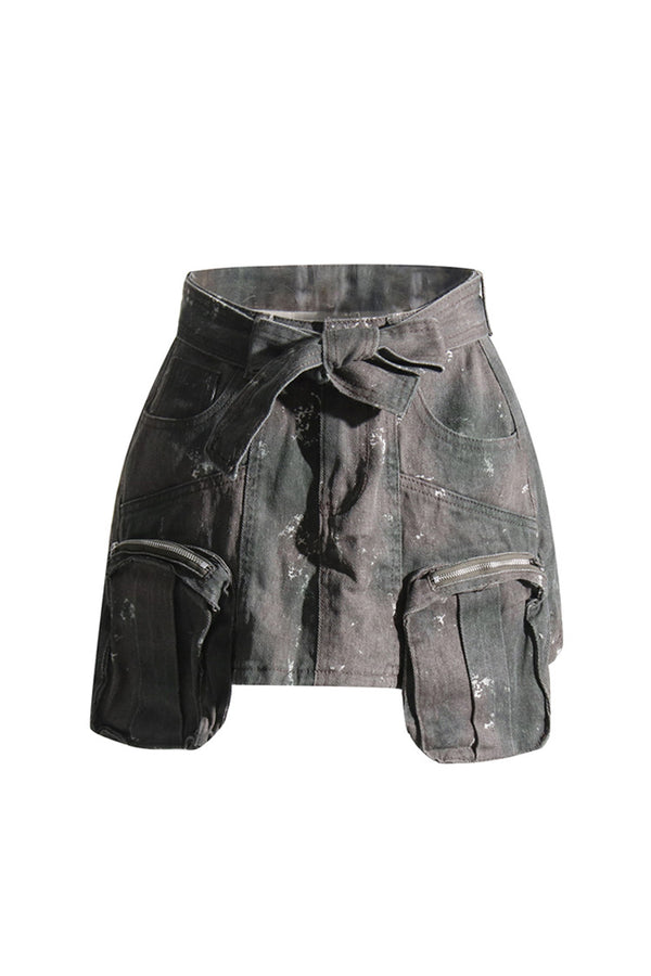 Retro Camo Print Tie Waist Distressed Bodycon Micro Mini Cargo Denim Skirt