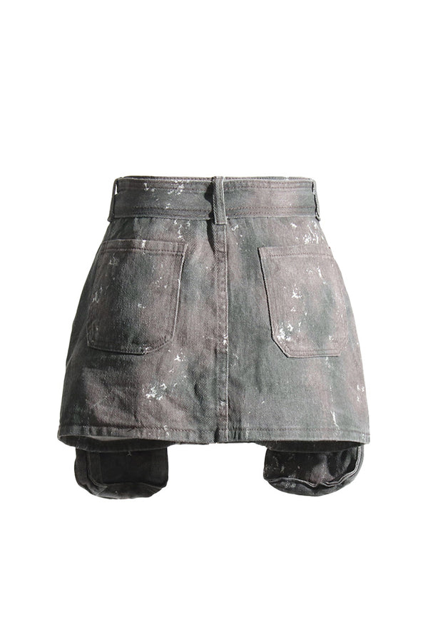 Retro Camo Print Tie Waist Distressed Bodycon Micro Mini Cargo Denim Skirt