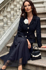 Romantic 3D Flower Lapel Cinched Tweed Blazer Two Piece Midi Dress - Black