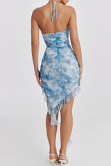 Romantic Floral Halter Draped Ruffle Ruched Bodycon Mesh Party Mini Dress