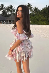 Romantic Floral Print Ruffle Off Shoulder Tiered Corset Party Mini Dress