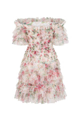 Romantic Floral Printed Off Shoulder Tulle Tiered Ruffle Party Mini Dress